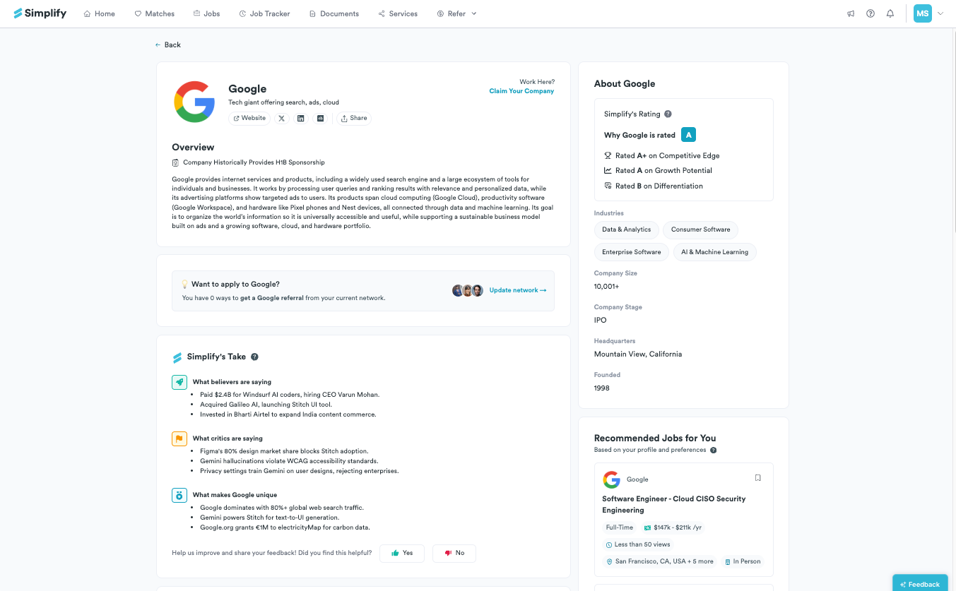 Company page showing an overview, company details, and recommended jobs.
