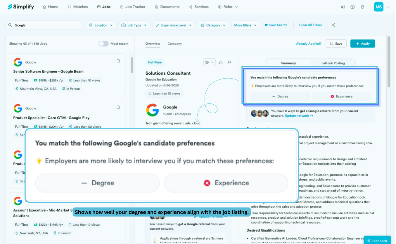 Job detail panel comparing the candidate's degree and experience with the employer's preferences.