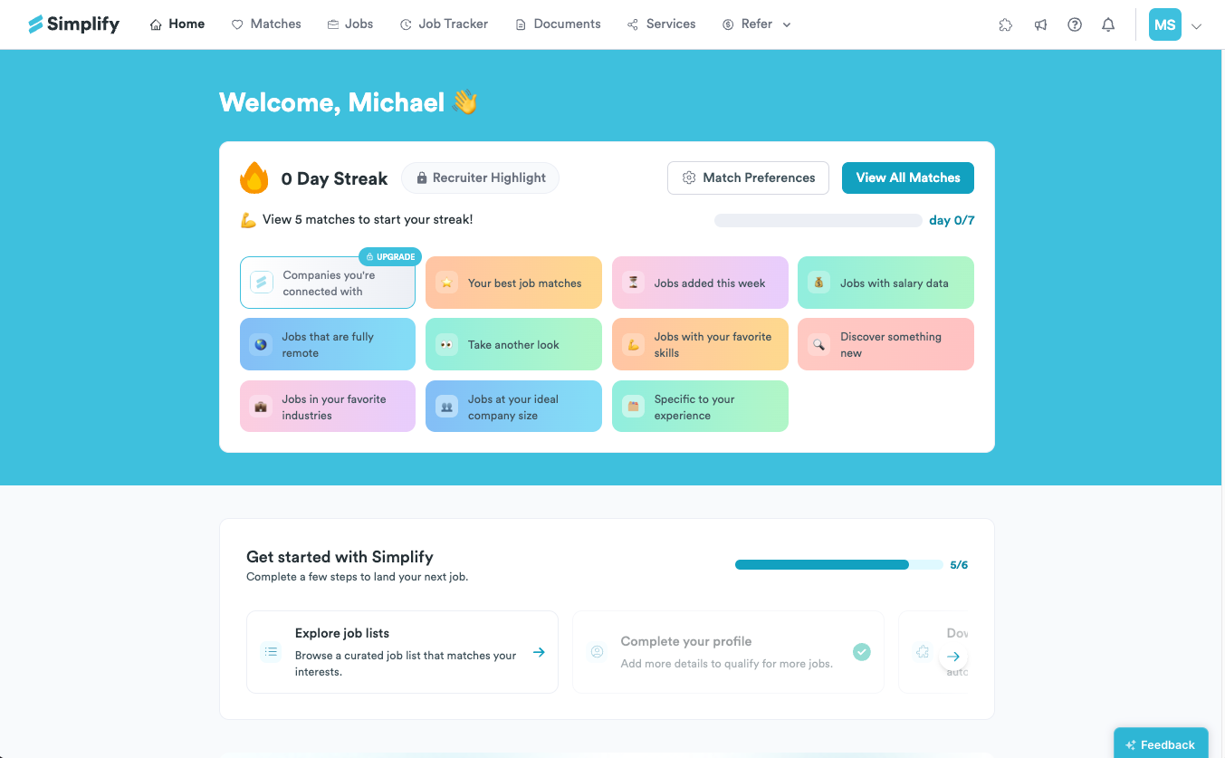Dashboard showing curated match groups, including recent jobs, remote roles, and jobs with salary data.