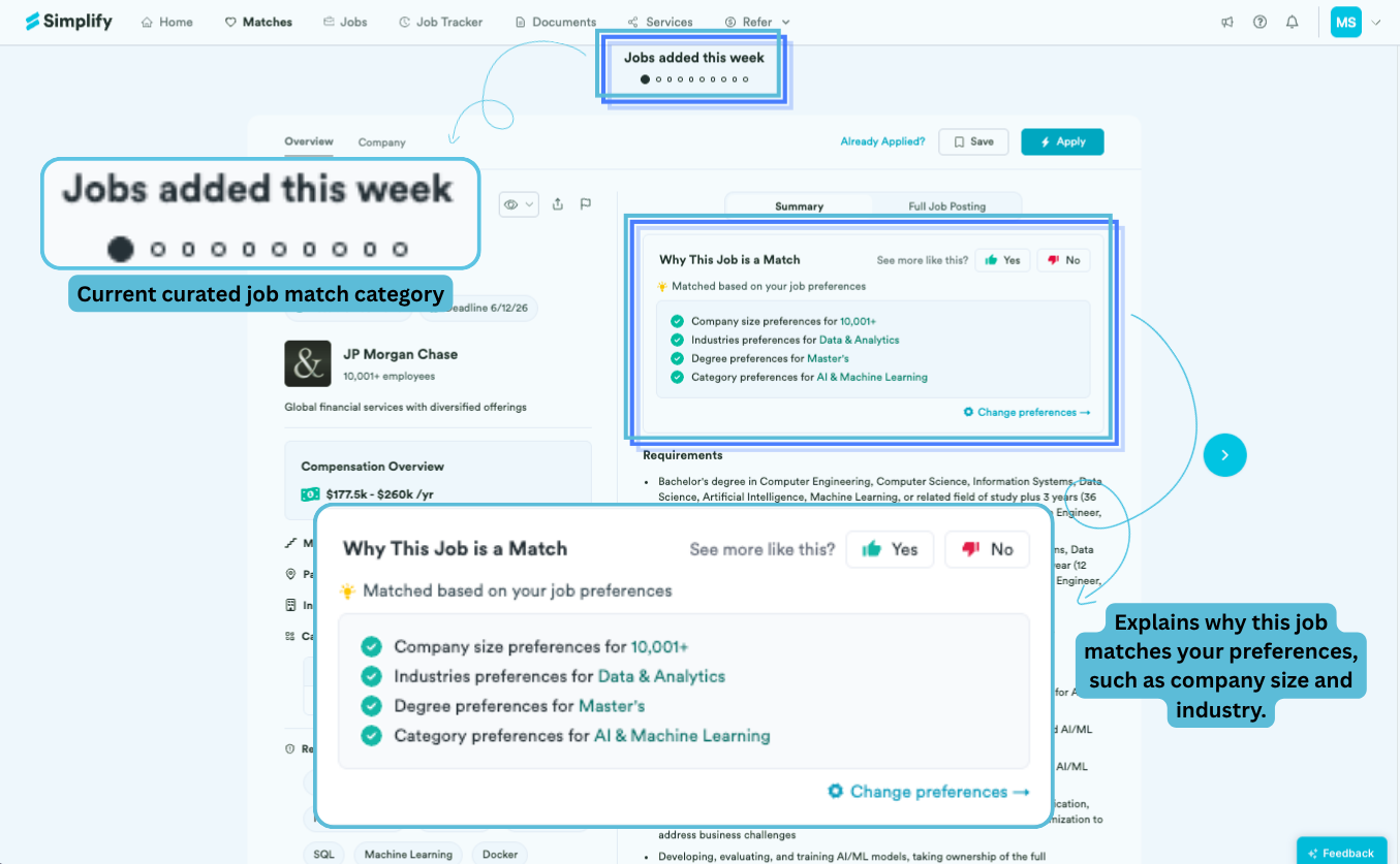 A curated job group with the Why This Job is a Match panel explaining preference matches.