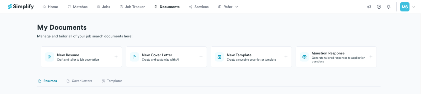 Documents page showing cards for creating resumes, cover letters, templates, and question responses.