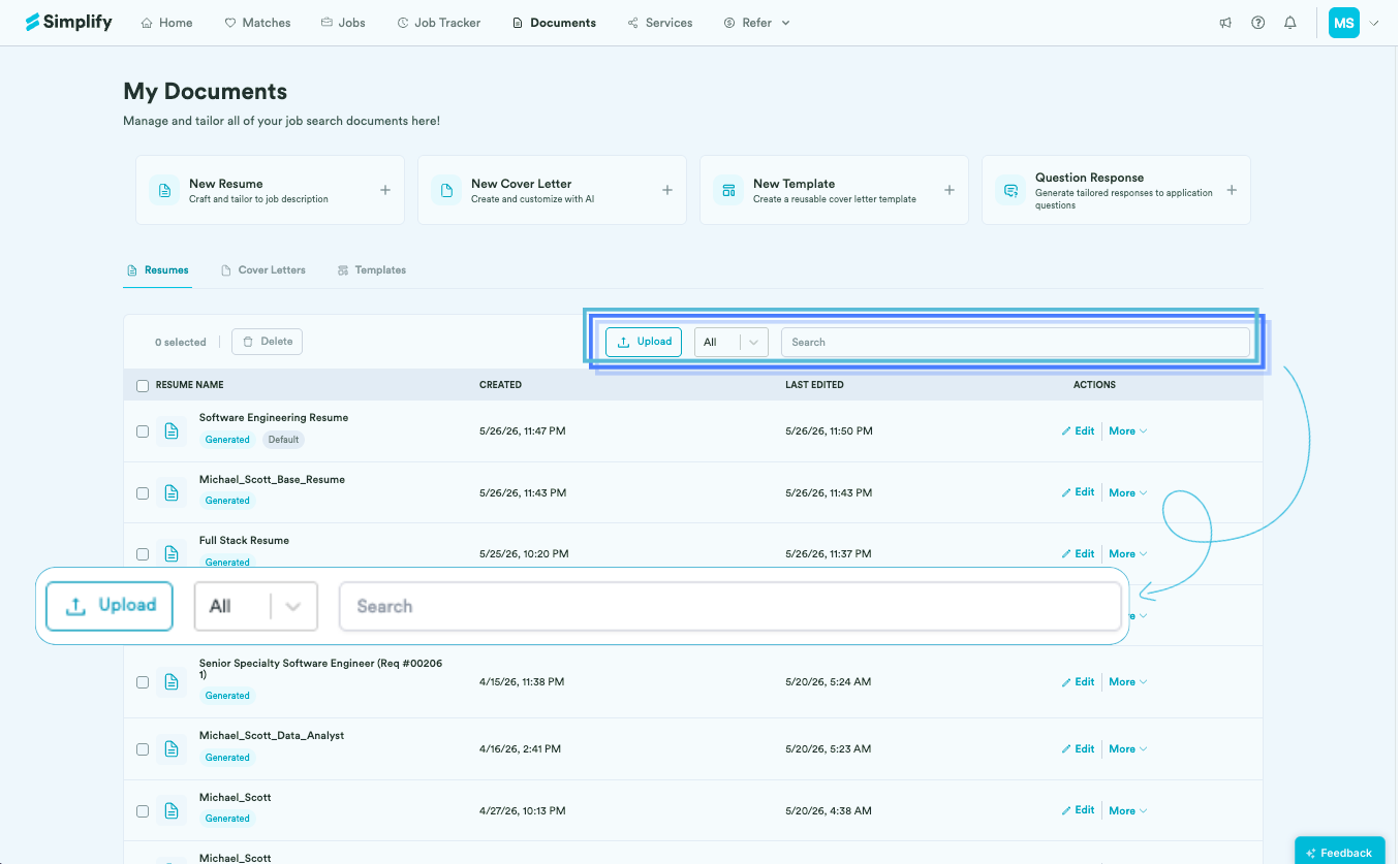 Documents page with Upload, document filters, and Search highlighted above saved resume versions.