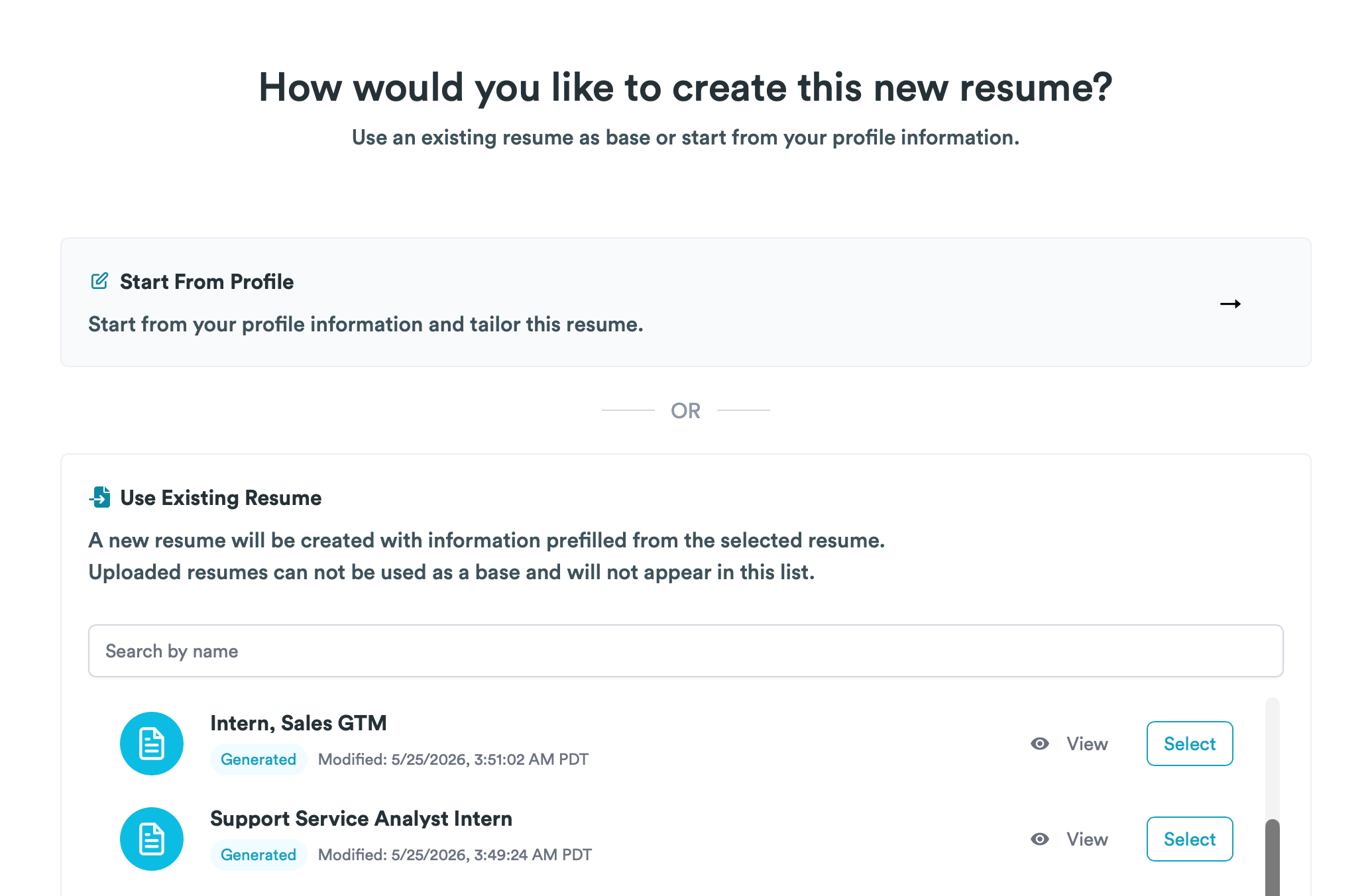 Resume creation screen offering Start From Profile and Use Existing Resume, with uploaded files excluded from the existing-resume list.