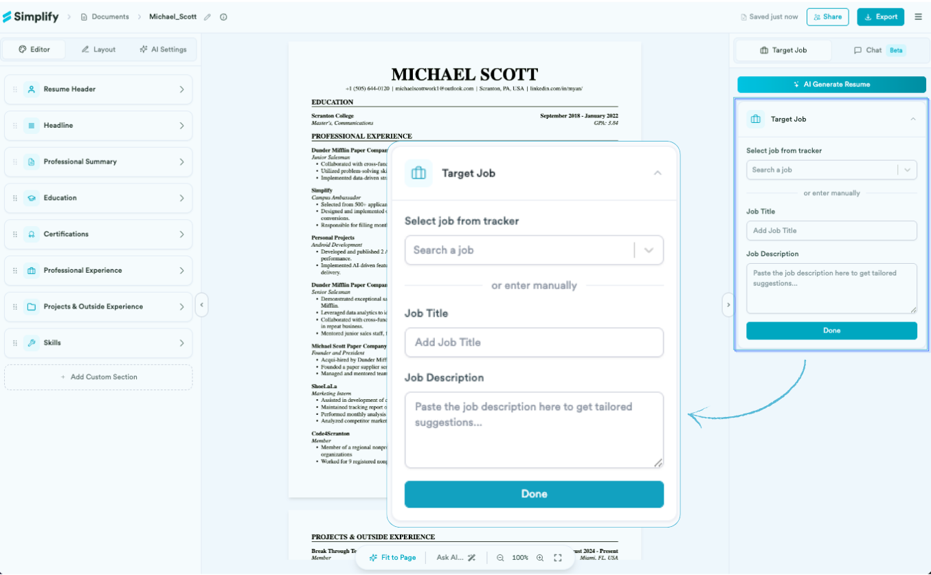 Resume Builder's Target Job panel for selecting a tracked job or entering a job title and description.