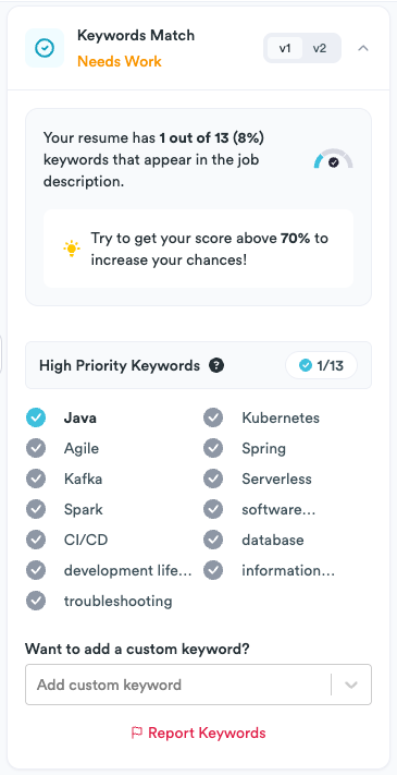 Keywords Match panel showing the match percentage and matched and missing high-priority keywords.