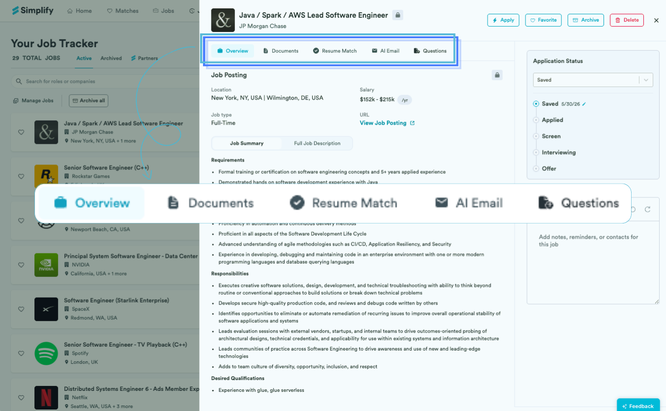 Tracked application panel with Overview, Documents, Resume Match, AI Email, and Questions tabs highlighted.