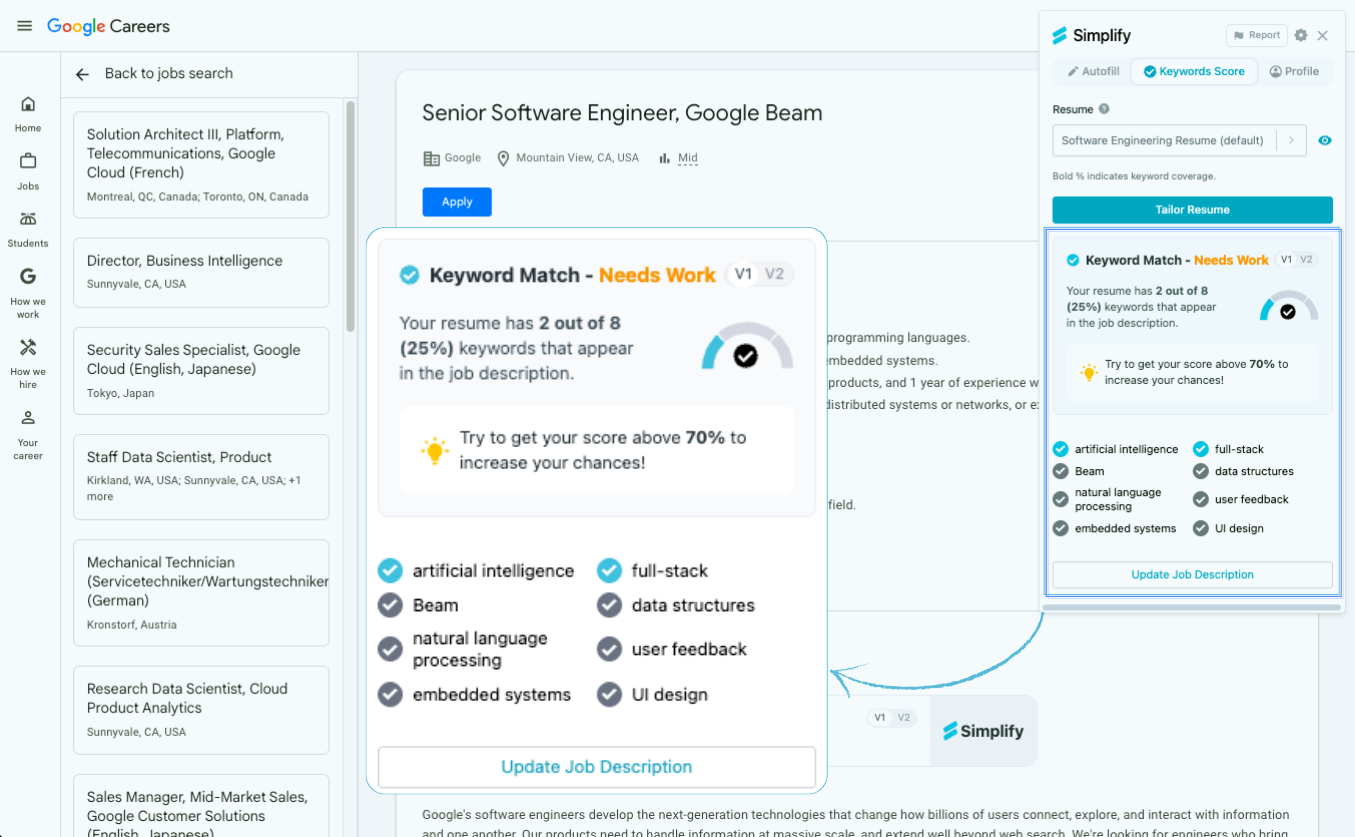 Copilot's Keywords Match panel showing matched and missing keywords for a selected resume.