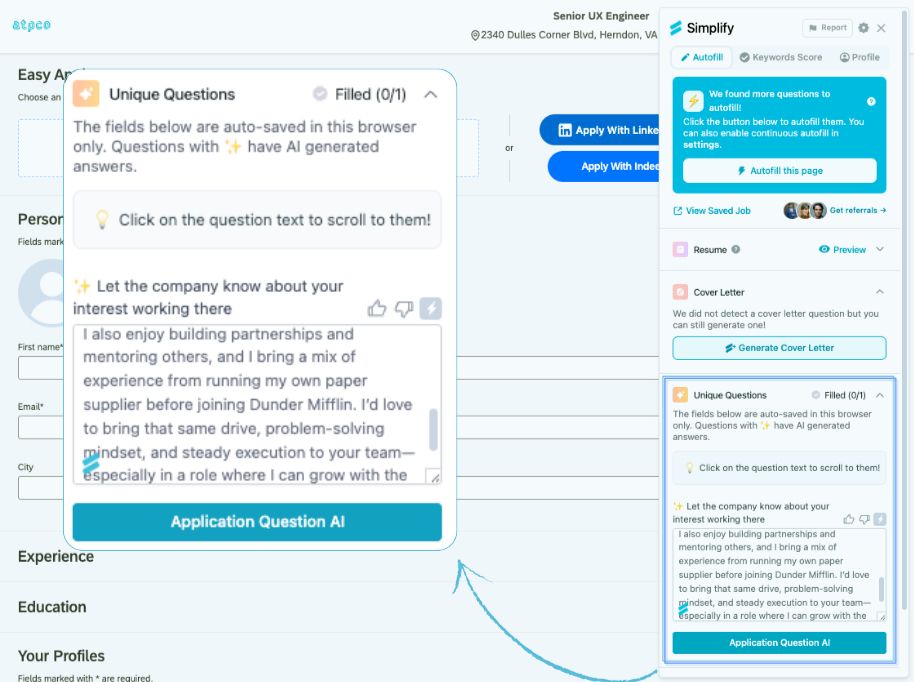 Copilot's Unique Questions section with a saved response and the Application Question AI action.