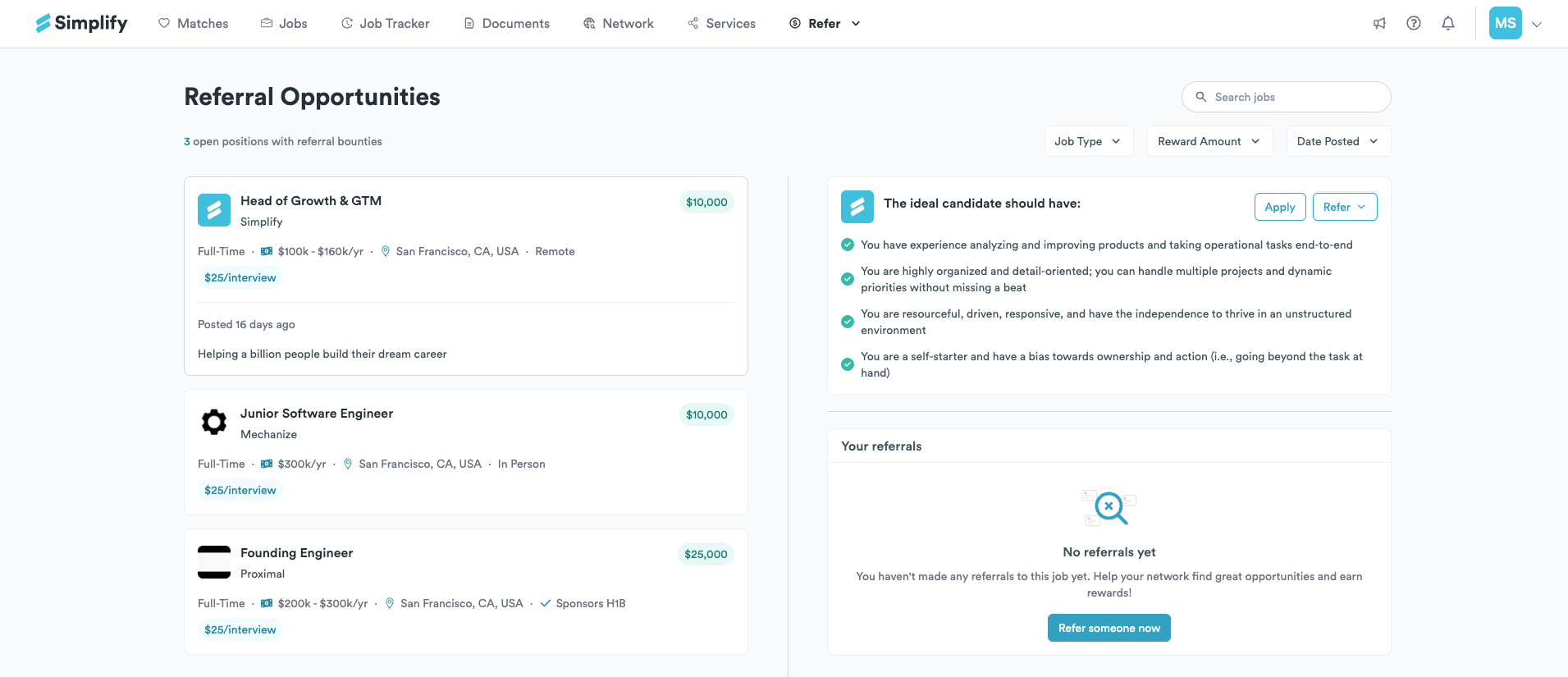 Referral Opportunities page showing available roles and their referral reward amounts.