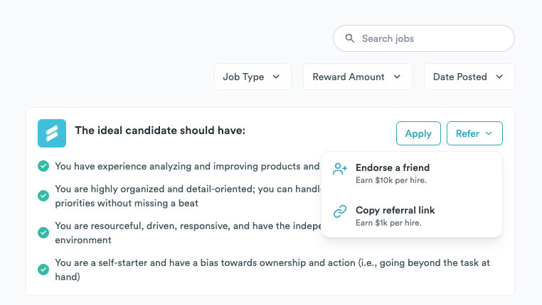 Refer dropdown offering Endorse a friend and Copy referral link.
