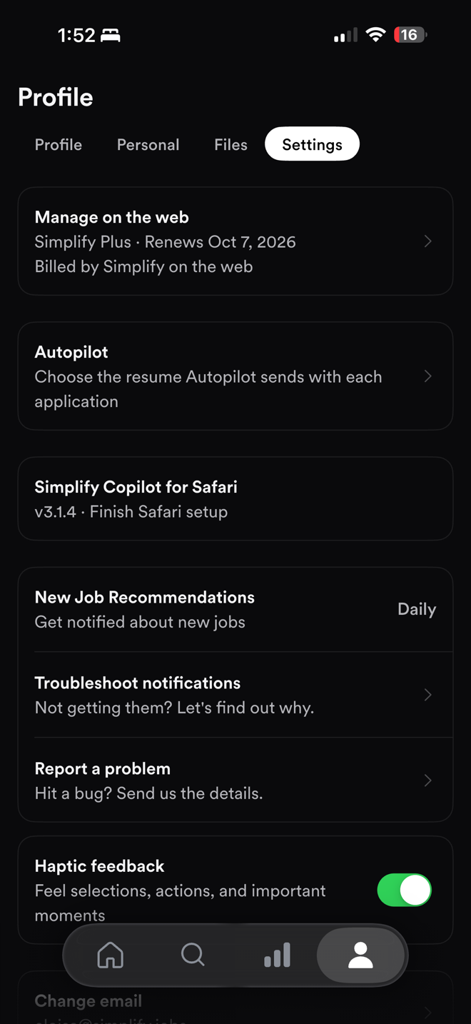 The Settings screen, with the Simplify Copilot for Safari row