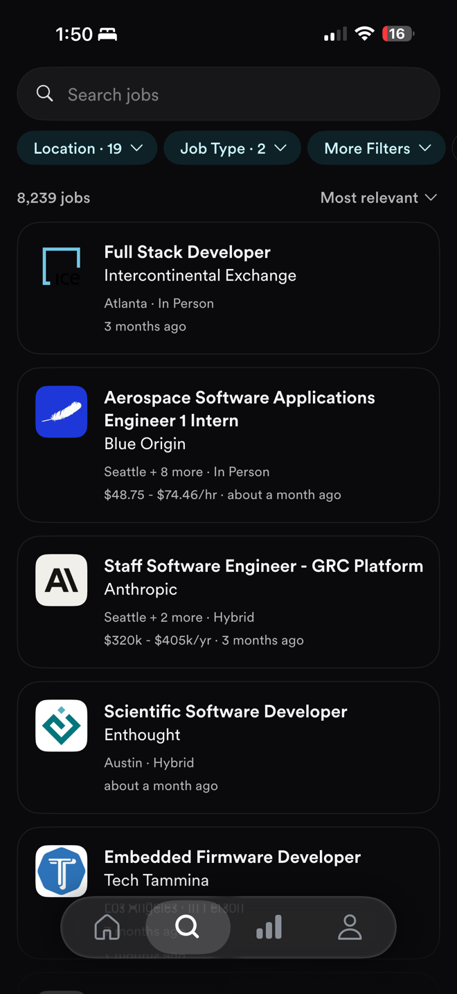 The Search tab with filters applied