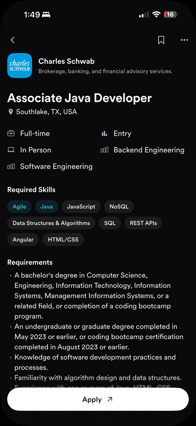 A job expanded to show the full posting, with the bookmark in the top-right corner