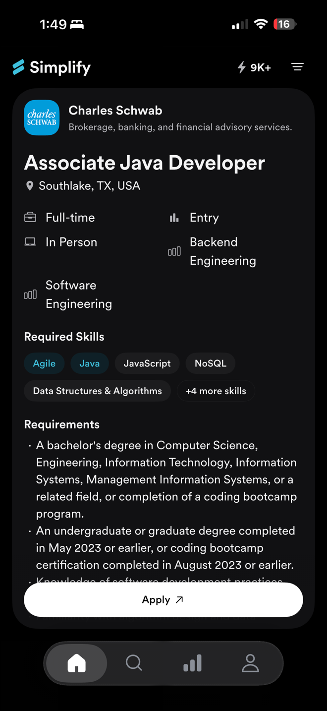 A job card with the Apply button