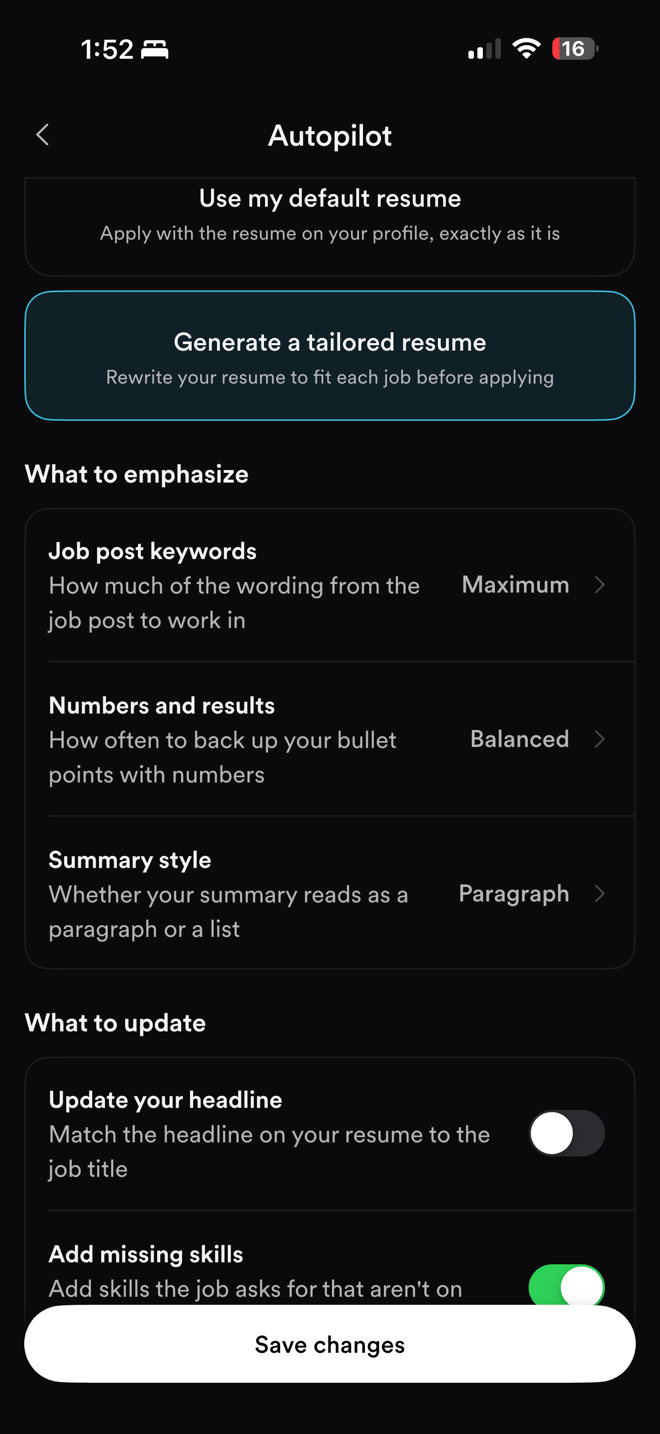 The Autopilot settings screen, with Generate a tailored resume selected