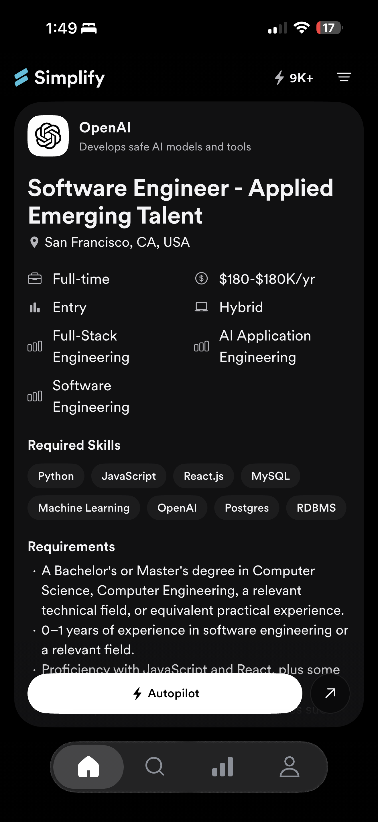 Expanded job card in the iOS app with the Autopilot button and adjacent external-link button.