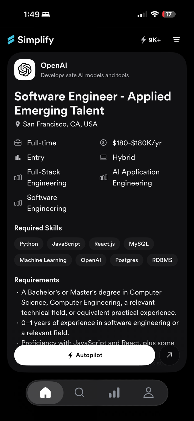 The Home tab in the Simplify iOS app, showing a job card with the Autopilot button