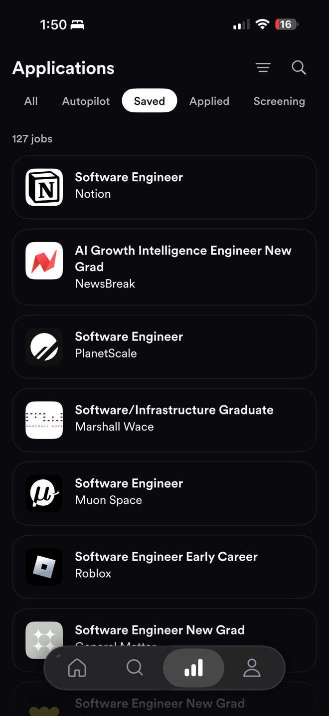 The Applications tab, with saved jobs selected