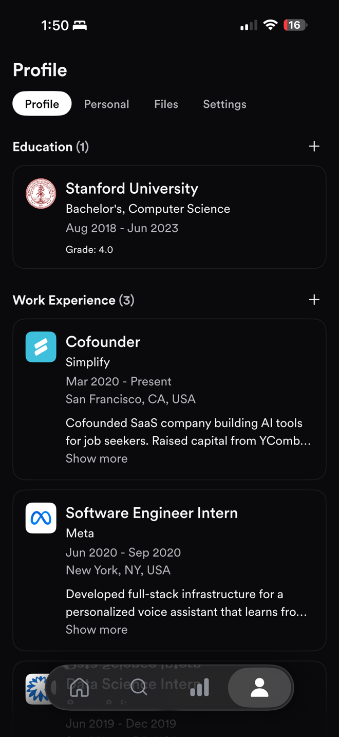 The Profile tab, showing education and work experience